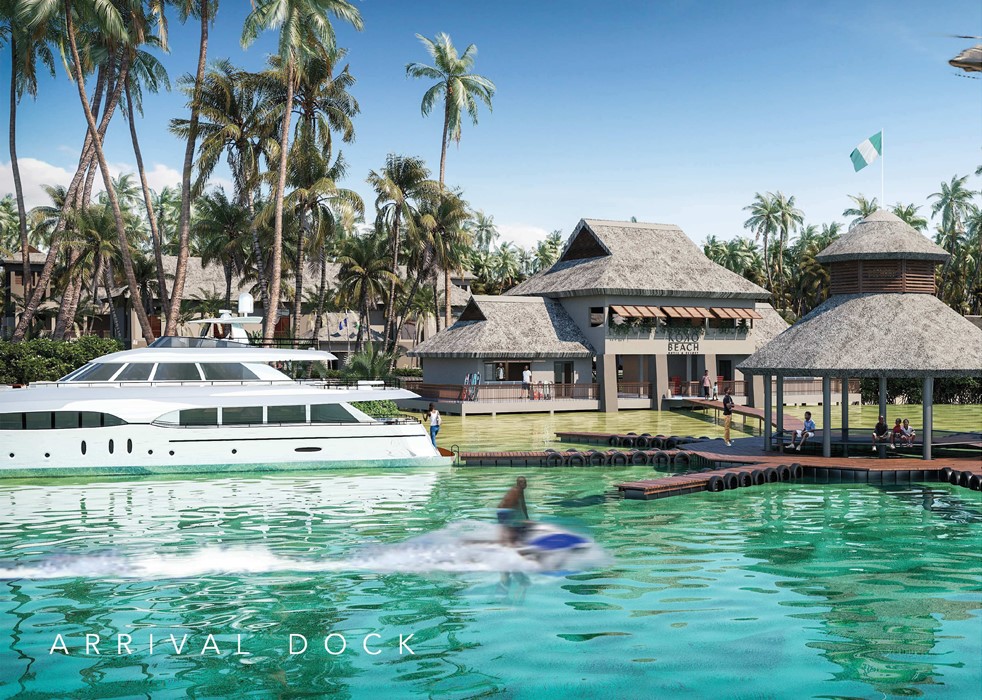 A mini yacht docked at the arrival quay of the Koko Beach Resort.