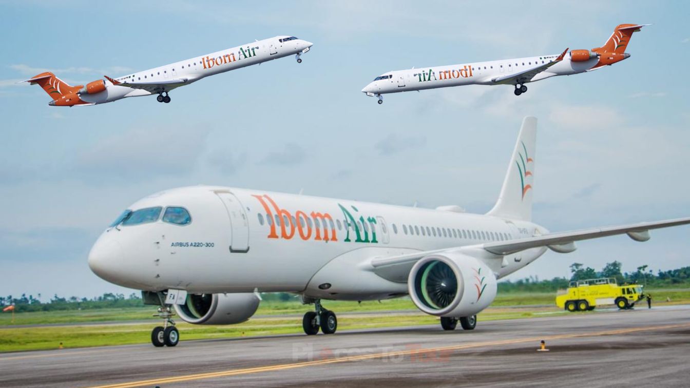 Ibom Air carrier is on the runway.